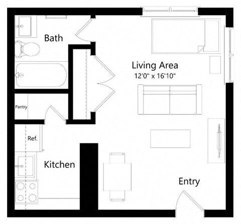 Floor plan for studio, 1 bath, 354 sqft